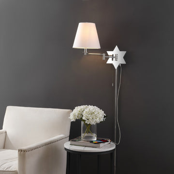 David 18.5" Modern French Country Swing Arm Plug-In or Hardwired Iron LED Star Wall Sconce with Pull-Chain and USB Charging Port - JONATHAN Y